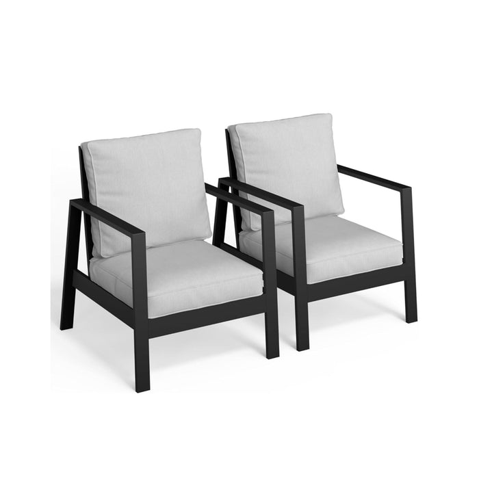 Set of two Giga all-weather ergonomic patio armchairs with thick cushions, ideal for outdoor seating and comfort.