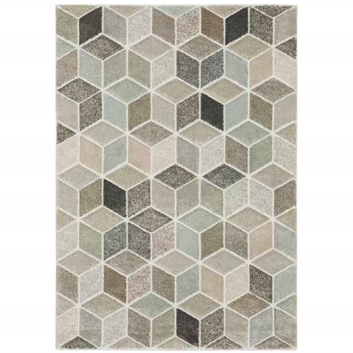 6' x 9' Geometric Power Loom Stain Resistant Area Rug - Beige Brown Gray Tan Sage And Pale Blue