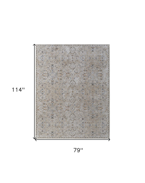 7' x 10' Abstract Power Loom Worn Faded Area Rug With Fringe - Ivory Taupe And Blue