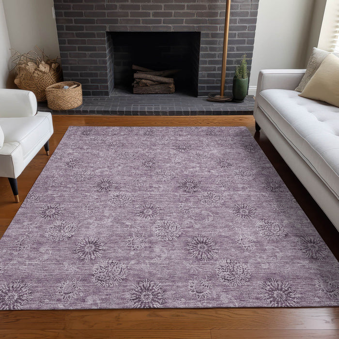 9' X 12' Floral Washable Area Rug With UV Protection - Plum And Ivory