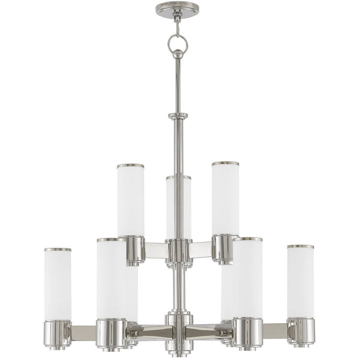 Nine Light Metal Dimmable Chandelier With Shades - Nickel / Opal