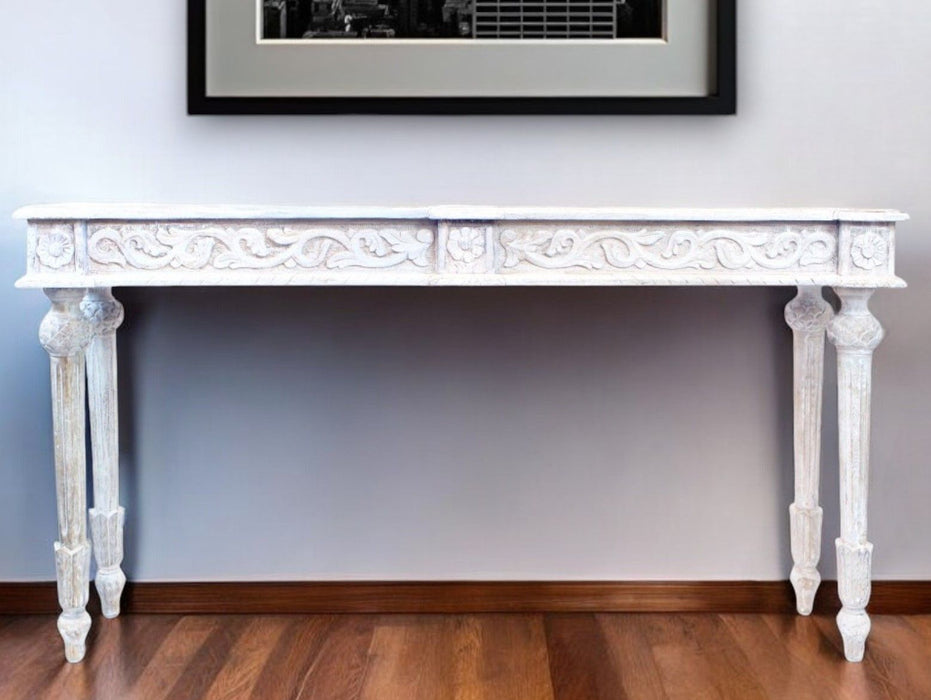 Solid Wood Distressed Console Table - White