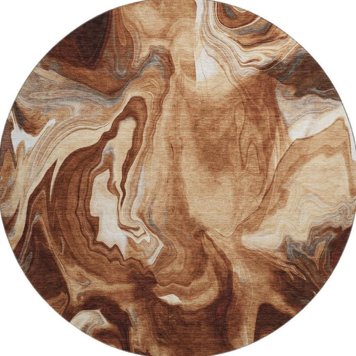 8' Abstract Washable Round Rug With UV Protection - Rust
