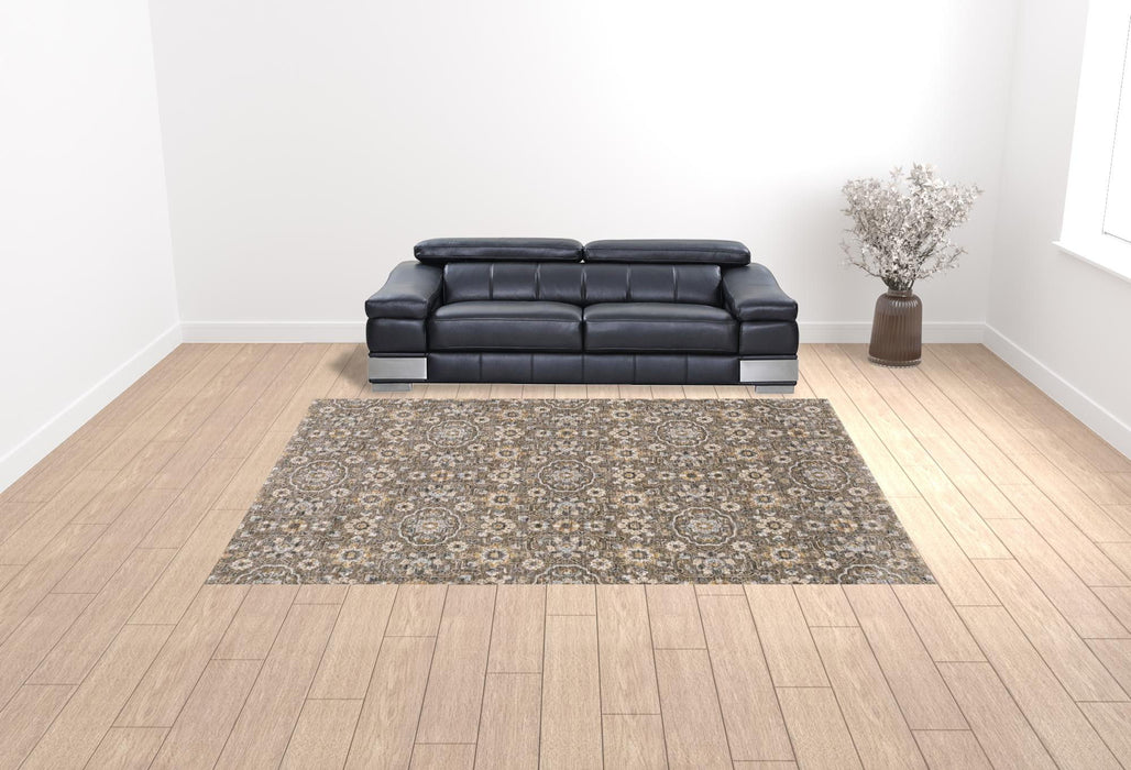 10' x 13' Floral Power Loom Stain Resistant Area Rug With Fringe - Gray And Tan