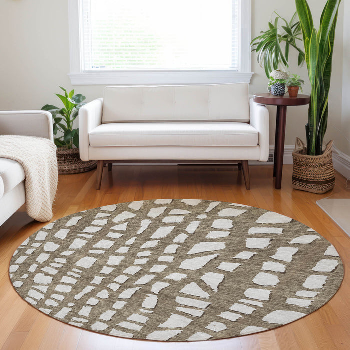 8' Cobblestone Washable Round Rug With UV Protection - Brown And Ivory