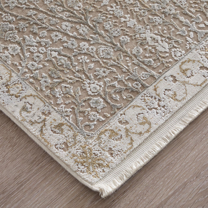 8' X 11' Floral Area Rug With Fringe (744231) - Ivory / Taupe / Gold