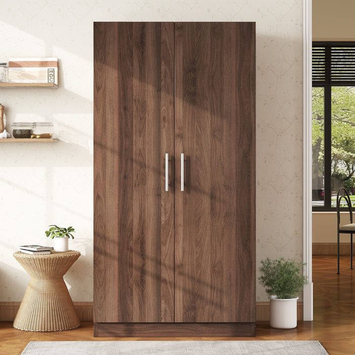 Brown wooden Giga wardrobe armoire with two doors and three open storage shelves, ideal for bedroom or closet organization.