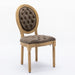 Giga French style solid wood dining chair set with antique painting, nailhead trim, wood legs, and decorative buckle accents.
