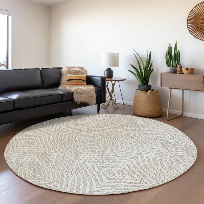 8' Geometric Washable Round Rug With UV Protection - Linen And Ivory