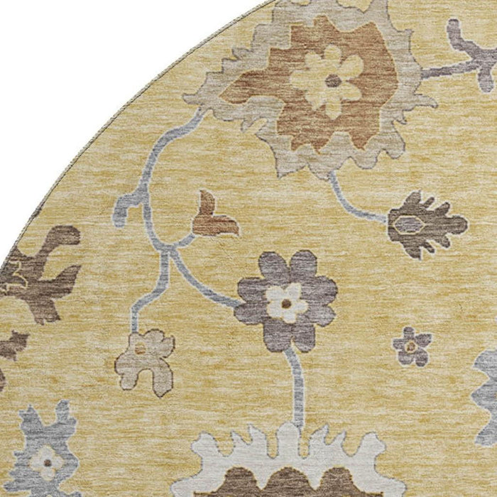 8' Floral Medallion Washable Round Rug With UV Protection - Gold