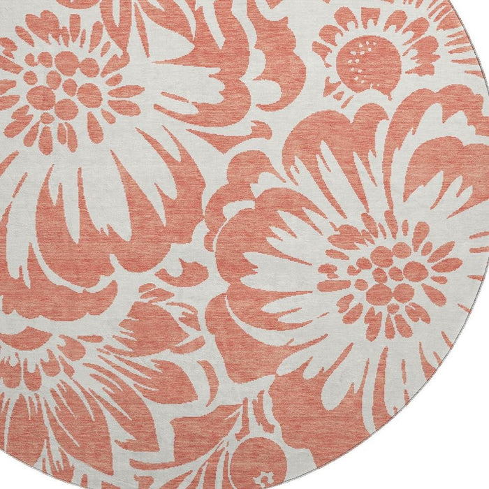 8' Floral Washable Round Rug With UV Protection (648697) - Salmon / Ivory