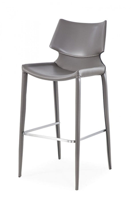 Set of two gray faux leather and steel low back bar height chairs with modern design, ideal for home bars or kitchens.