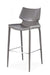 Set of two gray faux leather and steel low back bar height chairs with modern design, ideal for home bars or kitchens.