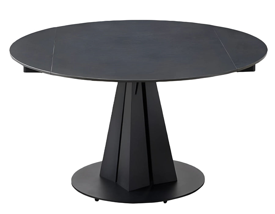 51" Stone And Metal Self-Storing Leaf Pedestal Base Round Top Extendable Dining Table - Black
