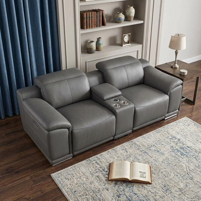 Italian Leather Power Reclining Loveseat With Storage (720573) - Dark Gray / Silver
