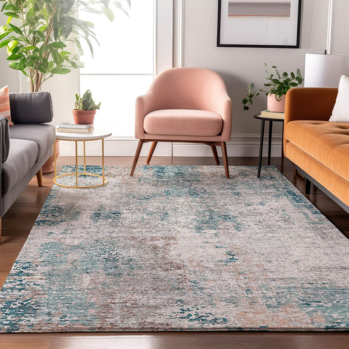 9' X 12' Copper Abstract Washable Area Rug With UV Protection - Teal