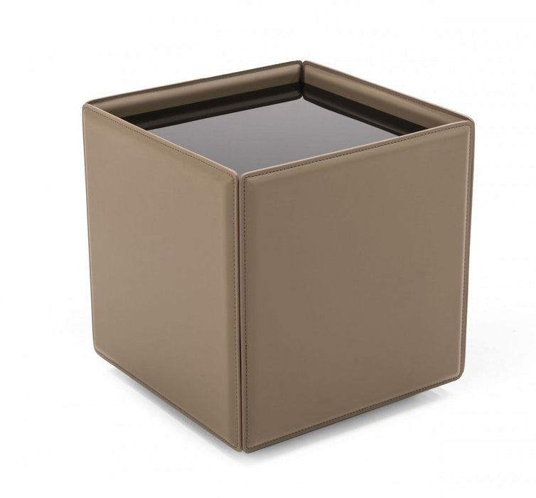 Glass And Faux Leather Square End Table - Beige And Black