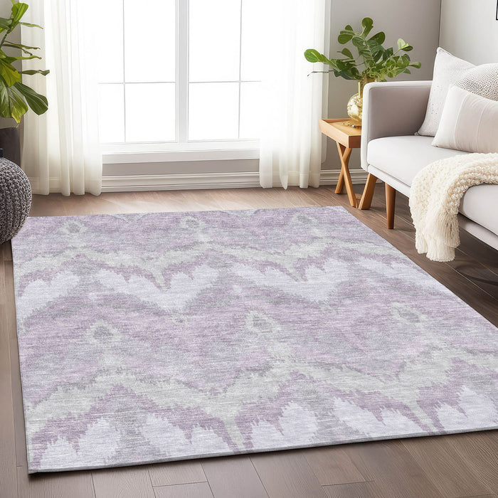 10' X 14' Ikat Washable Area Rug With UV Protection - Lavender And Silver