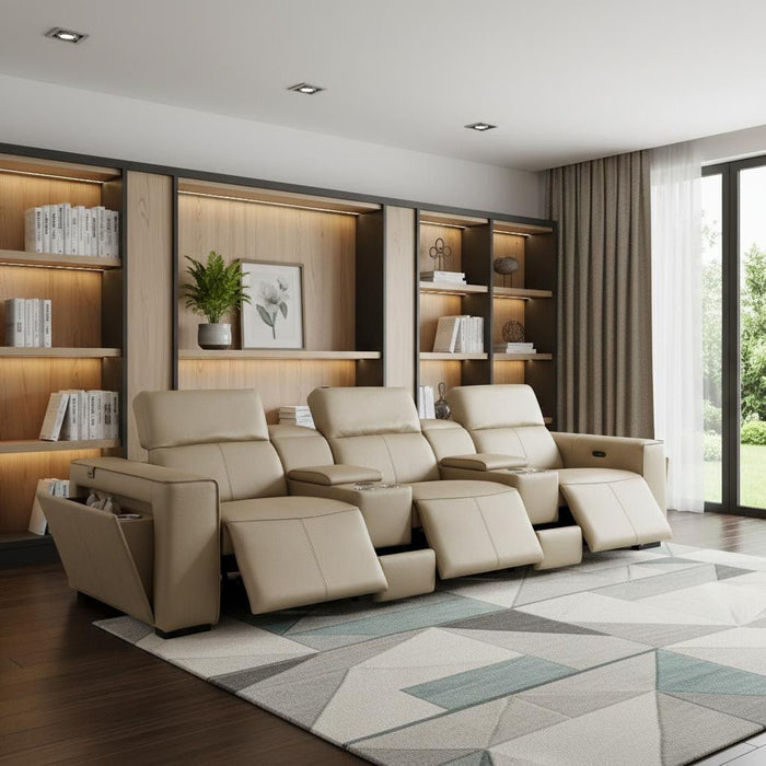 Top Grain Leather Reclining Metal USB Sofa (720393) - Beige