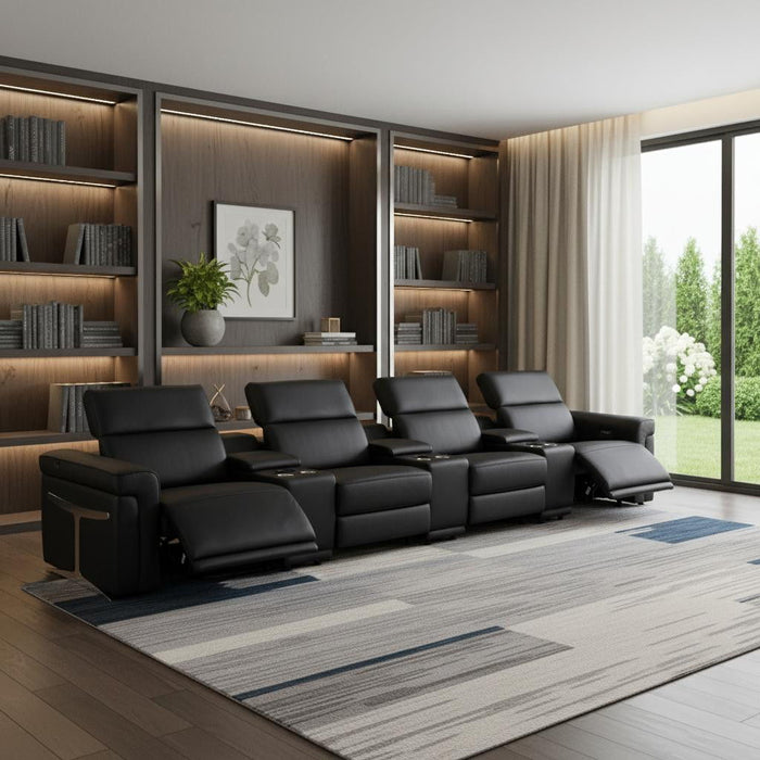 Top Grain Leather Reclining Metal USB Sofa (720373) - Black