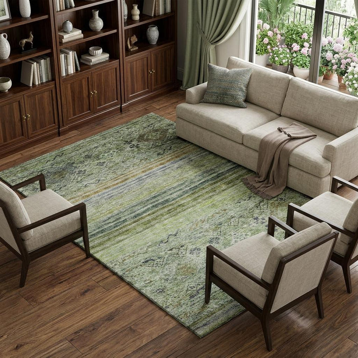 10' X 14' Abstract Geometric Washable Area Rug With UV Protection (688504) - Artichoke Green / Blue / Beige