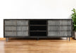 Dark brown 92-inch carved geometric distressed wood TV stand with open and enclosed storage compartments by HomeRoots.