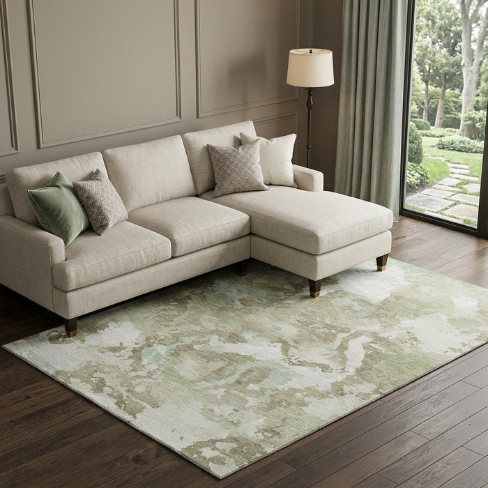 10' X 14' Abstract Washable Area Rug With UV Protection (693330) - Artichoke Green / Ivory / Sage