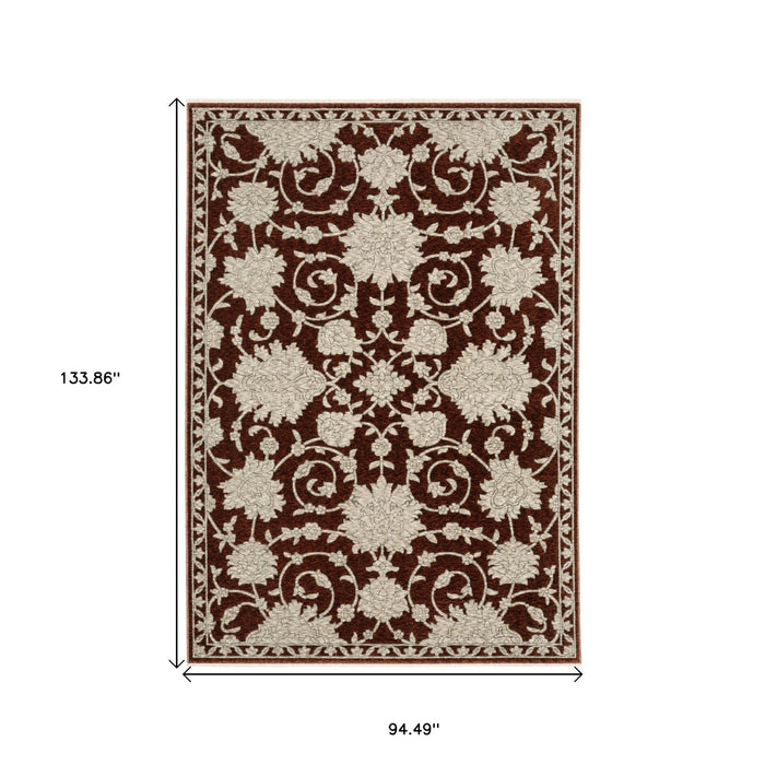 8' X 11' Floral Area Rug With Fringe - Beige