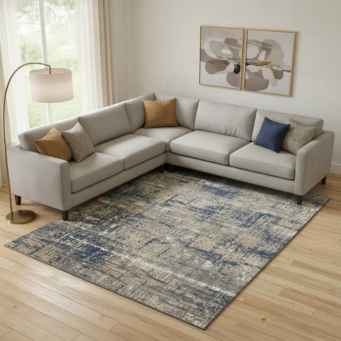 10' X 14' Geometric Washable Area Rug With UV Protection (709720) - Navy Blue / Taupe / Beige