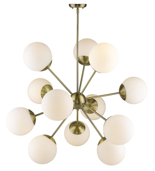 HomeRoots Sputnik twelve-light chandelier with frosted metal finish, white shades, and brass accents, dimmable lighting fixture.