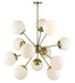 HomeRoots Sputnik twelve-light chandelier with frosted metal finish, white shades, and brass accents, dimmable lighting fixture.