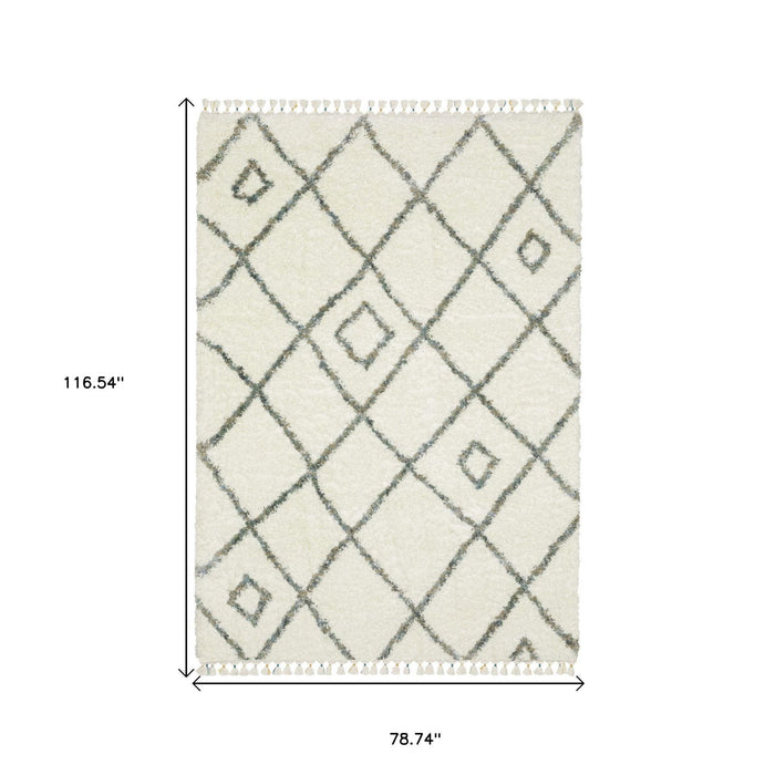 7' X 10' Casual Diamond Shag Area Rug With Fringe - Ivory
