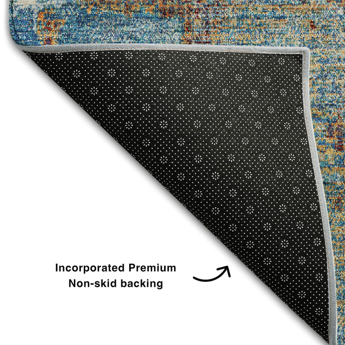 10' X 14' Abstract Washable Area Rug With UV Protection (678017) - Navy Blue / Orange / Teal