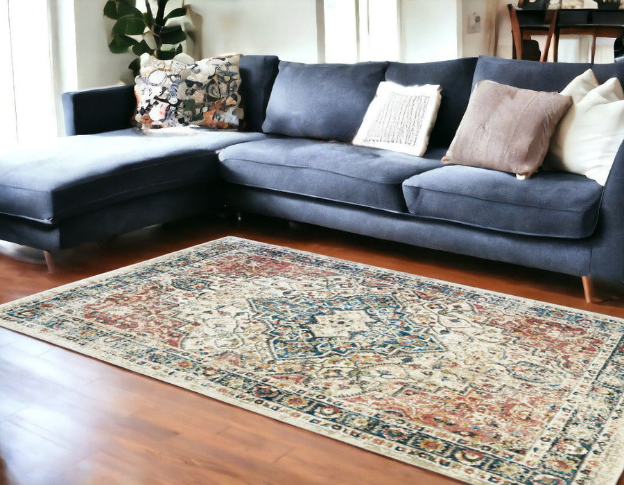9' x 13' Oriental Distressed Area Rug With Fringe - Beige