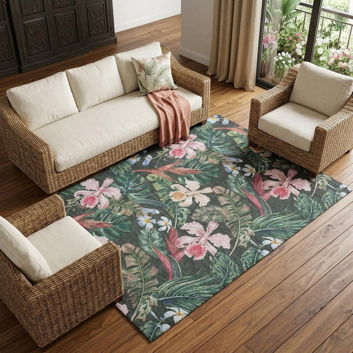 8' X 10' Geometric Washable Area Rug With UV Protection (646341) - Midnight / Green / Pink