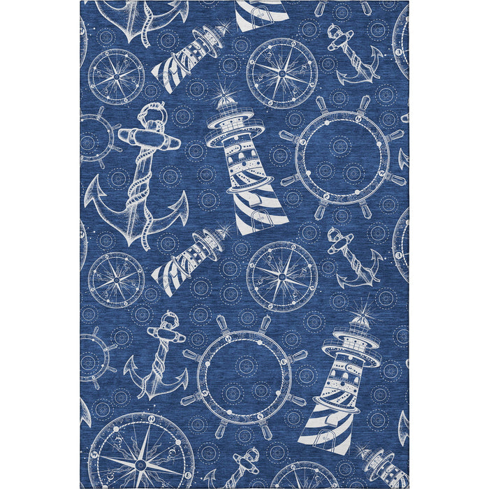 10' X 14' Nautical Washable Area Rug With UV Protection - Navy Blue And Ivory