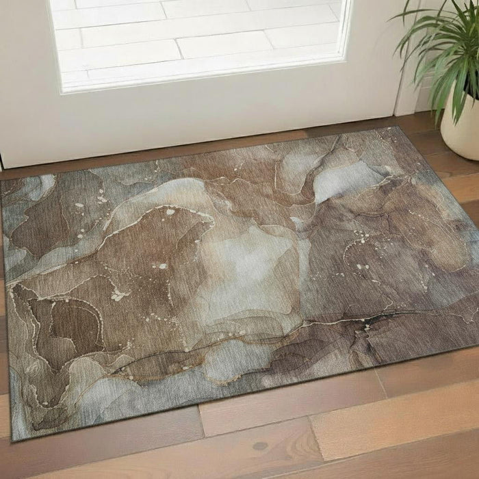 3' X 5' Abstract Washable Area Rug With UV Protection (647357) - Brown / Ivory / Gray