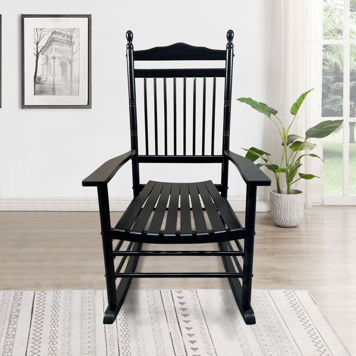 Giga wooden balcony porch adult rocking chair with curved armrests and slatted backrest, ideal for outdoor relaxing spaces.