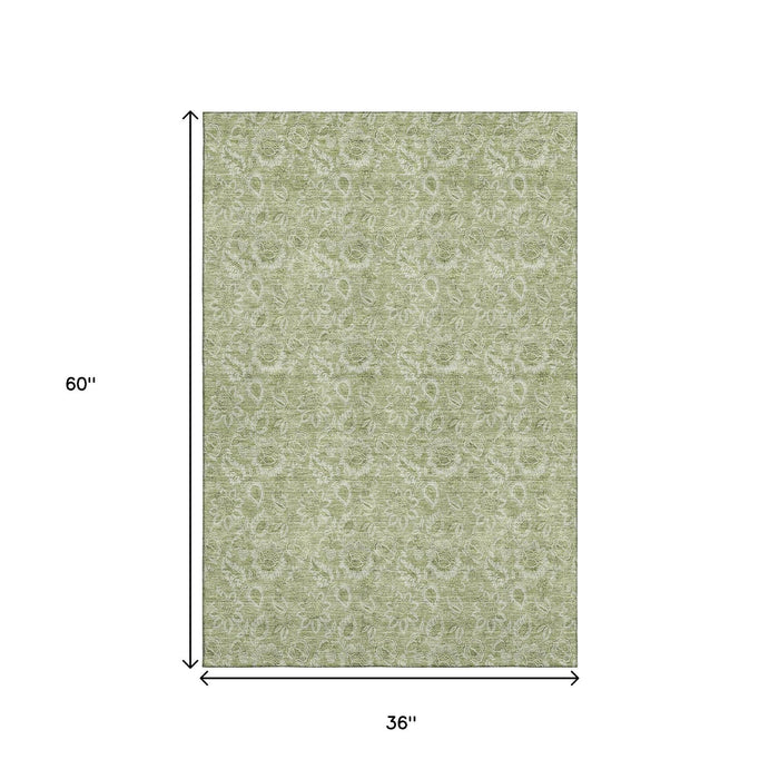 3' X 5' Floral Washable Area Rug With UV Protection (655103) - Artichoke Green / Silver