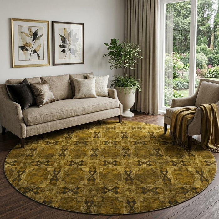8' Floral Medallion Washable Round Rug With UV Protection (649471) - Chocolate / Gold