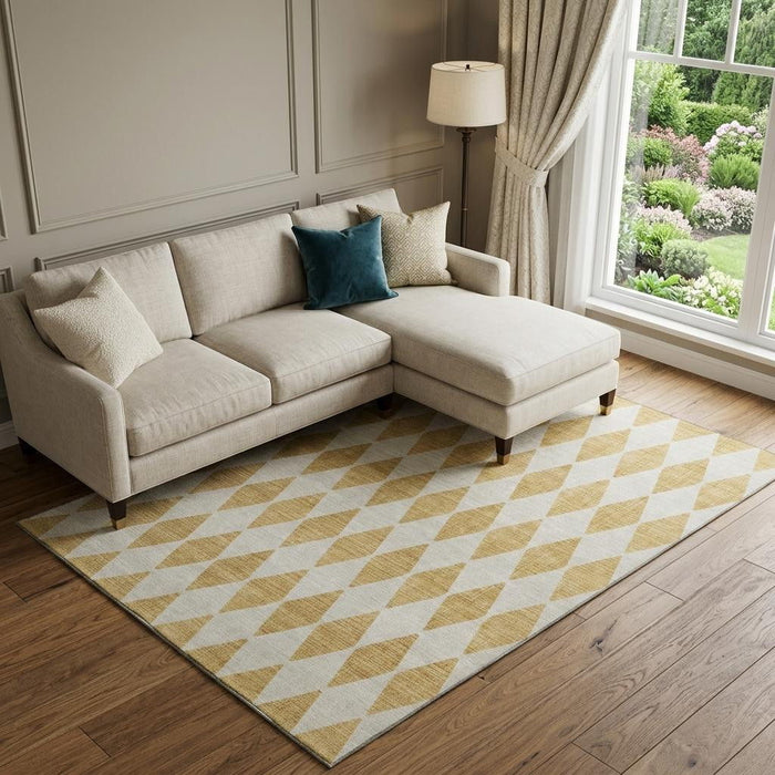 10' X 14' Diamond Washable Area Rug With UV Protection (650056) - Gold / Ivory