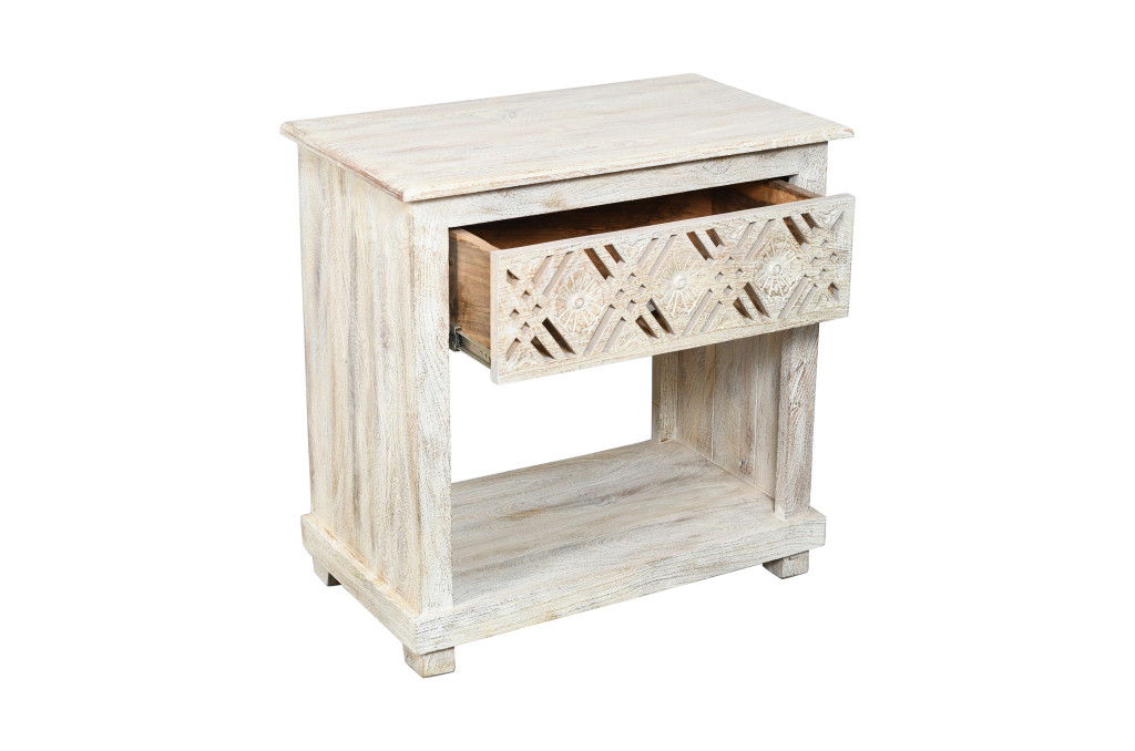 28" Solid Wood Distressed Carved Geometric One Drawer Nightstand - White
