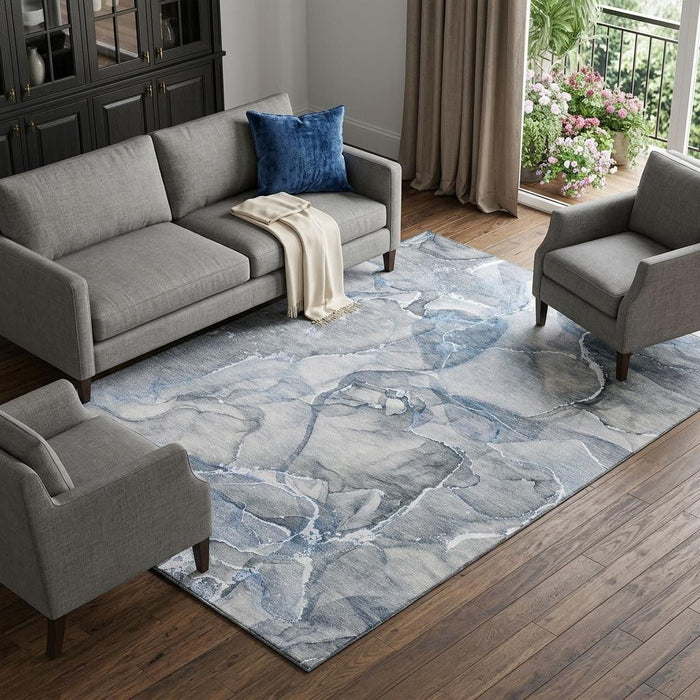 9' X 12' Abstract Washable Area Rug With UV Protection (647259) - Blue / Ivory