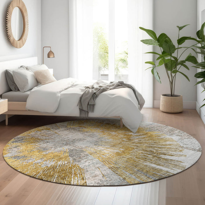 8' Abstract Washable Round Rug With UV Protection - Gold / Gray