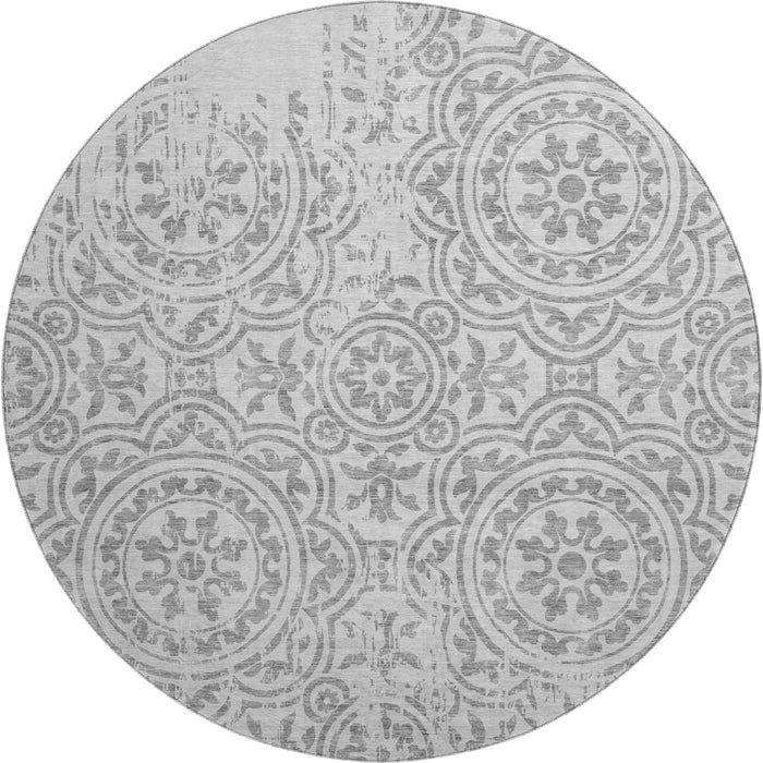 8' Medallion Washable Round Rug With UV Protection - Silver / Gray