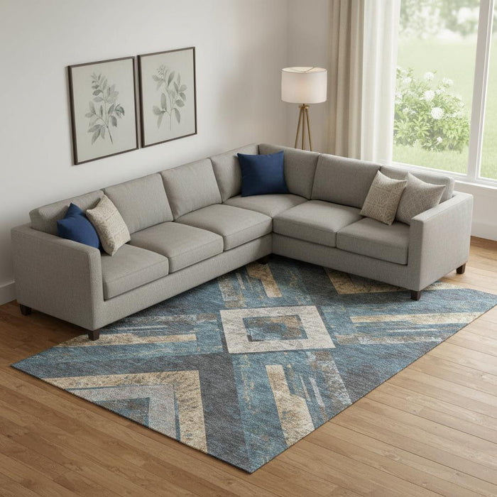 10' X 14' Geometric Washable Area Rug With UV Protection (709294) - Navy Blue / Brown / Beige