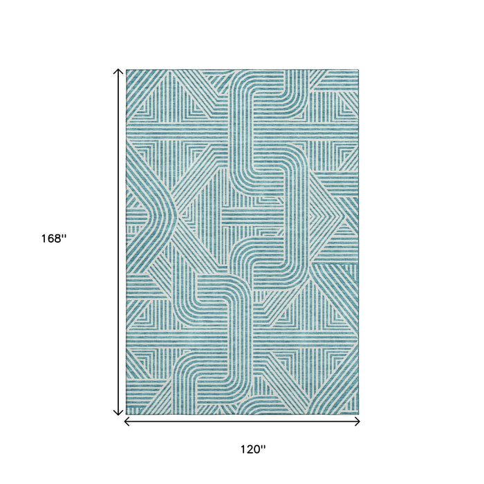 10' X 14' Abstract Geometric Washable Area Rug With UV Protection (672941) - Teal / Ivory