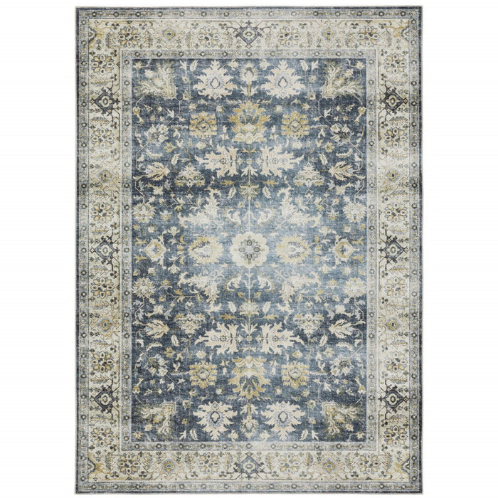 7' x 10' Oriental Printed Stain Resistant Non Skid Area Rug - Blue Gold Green And Ivory