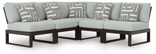 Signature Design by Ashley Beachloft 5-piece outdoor sectional in black and gray, featuring plush cushions and modern outdoor furniture.