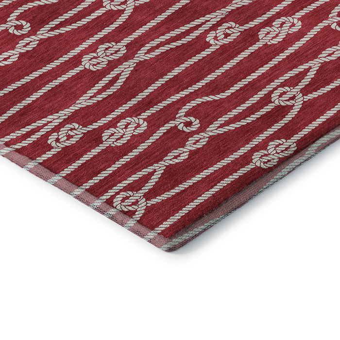 8' Nautical Washable Round Rug With UV Protection - Red / Ivory